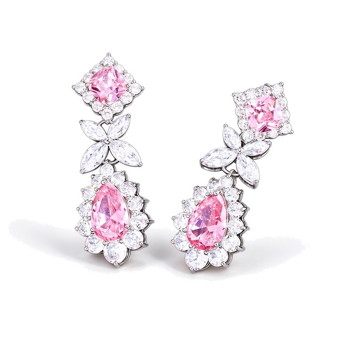 Wholesales Brass Teardrop Pink CZ Flower Stud Earrings