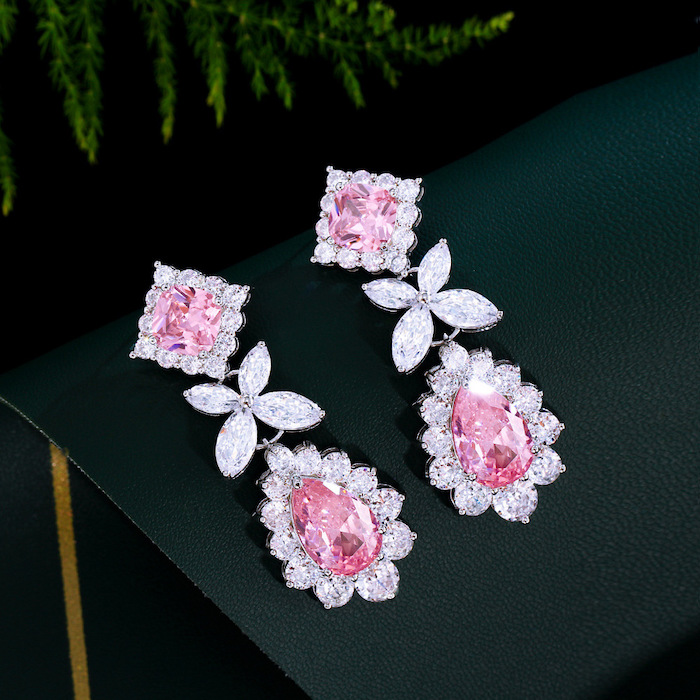 Wholesales Brass Teardrop Pink CZ Flower Stud Earrings - Image 3