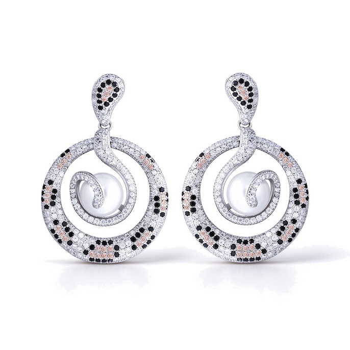 Wholesales Brass Pearls CZ Snake Circles Stud Earrings