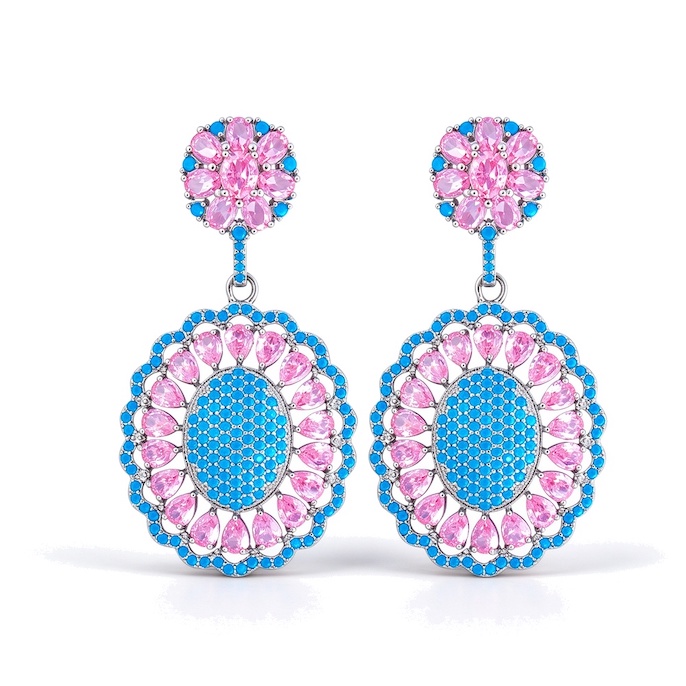 Wholesales Brass Oval BLUE Pink CZ Flower Stud Earrings