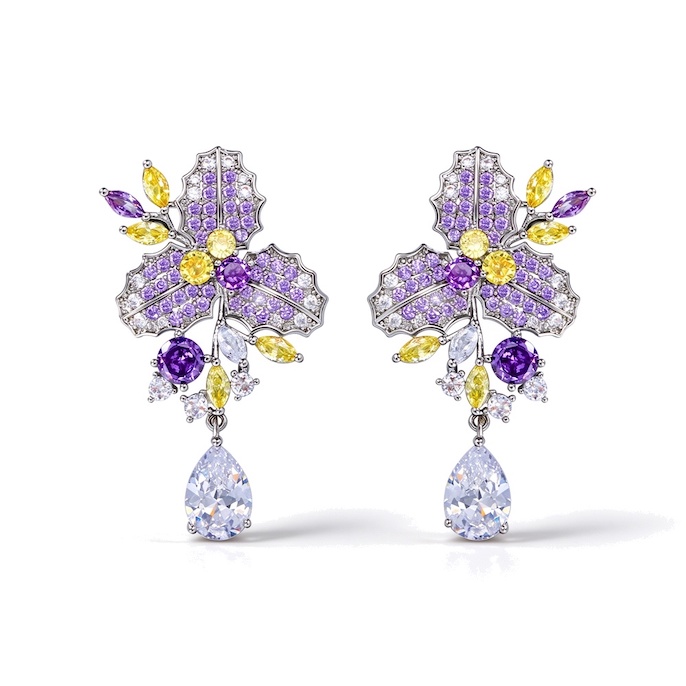 Wholesales Brass Purple Teardrop CZ Flower Stud Earrings
