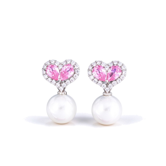 Wholesales Brass Pink CZ Pearl Heart Stud Earrings