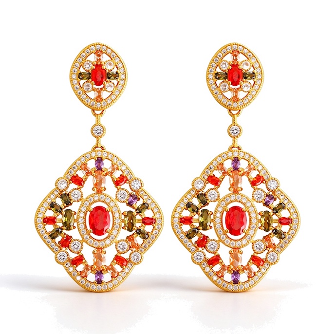 Wholesales Brass Hollow Oval CZ Rhombus Stud Earrings