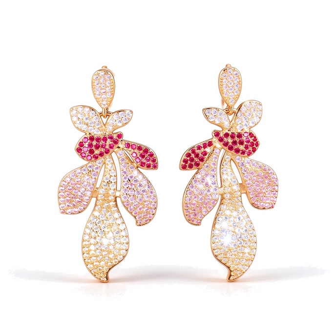 Wholesales Brass Rose Gold Red CZ Leaves Stud Earrings