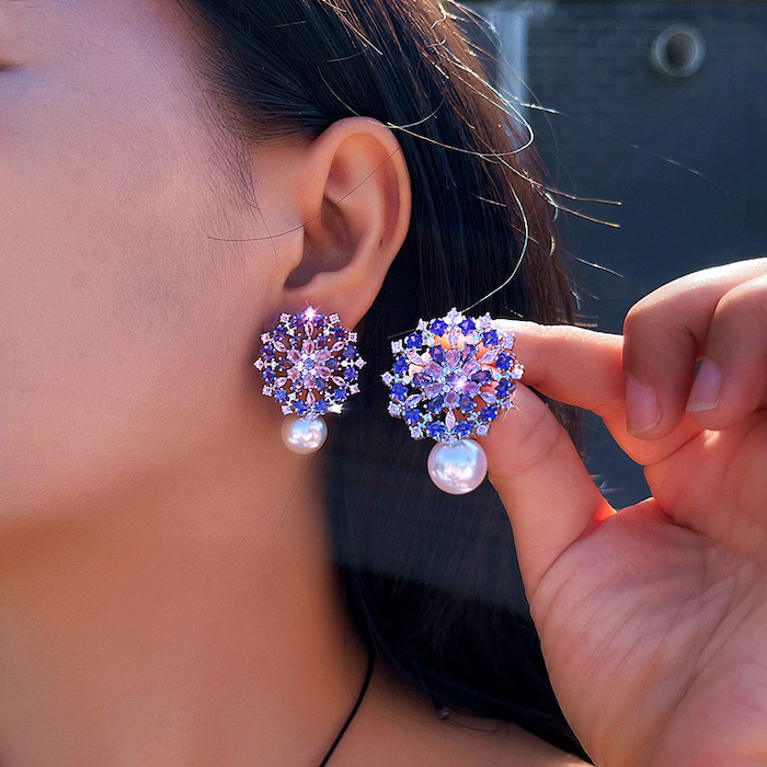 Brass Jewelry Hollow Pearl CZ Flower Stud Earrings - Image 3