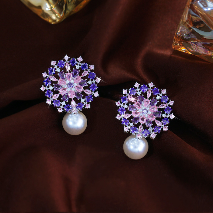Brass Jewelry Hollow Pearl CZ Flower Stud Earrings - Image 2