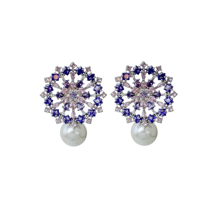 Brass Jewelry Hollow Pearl CZ Flower Stud Earrings
