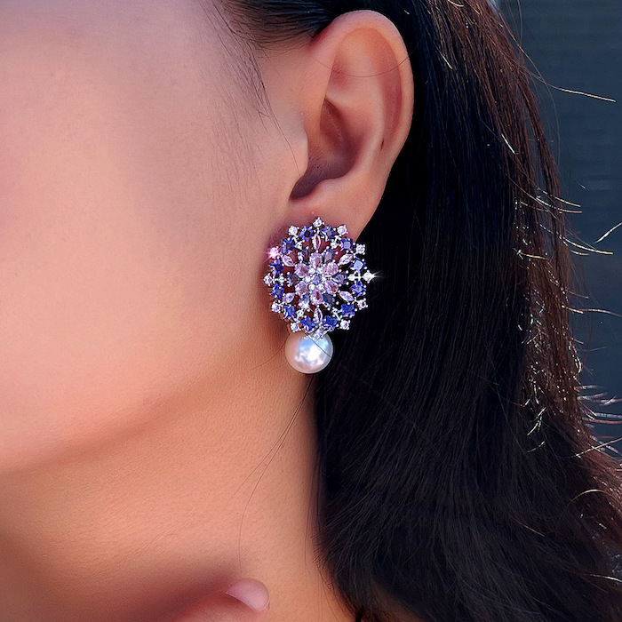 Brass Jewelry Hollow Pearl CZ Flower Stud Earrings - Image 4