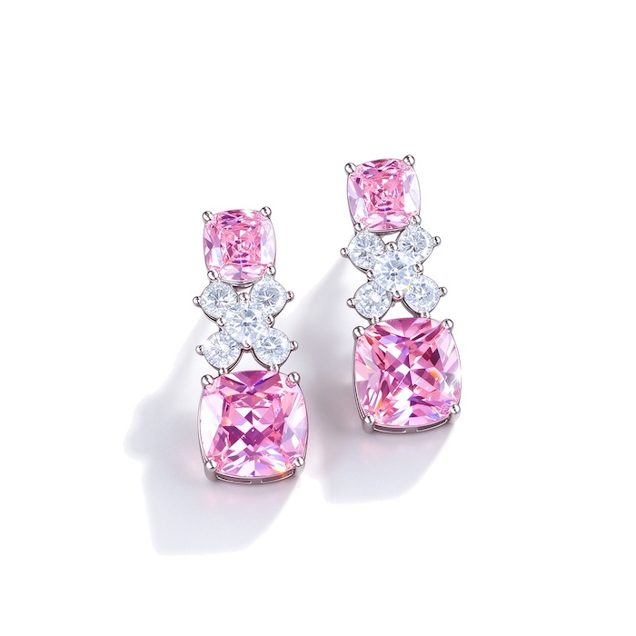 Brass Jewelry Square Pink CZ Flower Stud Earrings