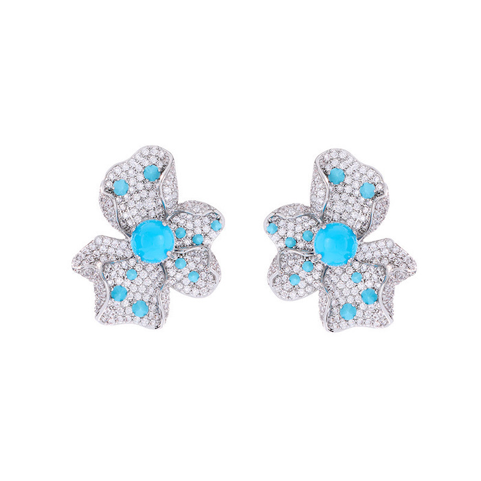 Brass Jewelry Blue Turquoise CZ Flower Stud Earrings