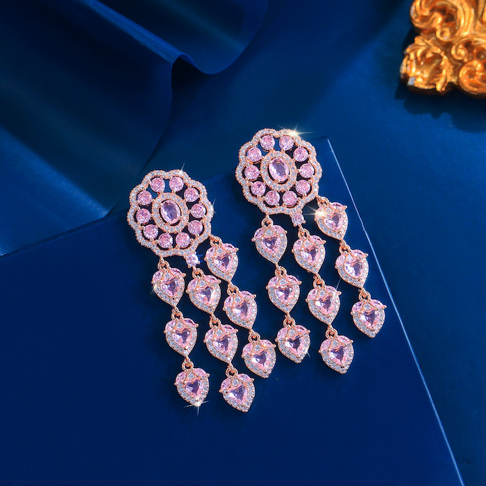 Brass Jewelry Pink Teardrop CZ Flower Stud Earrings - Image 2
