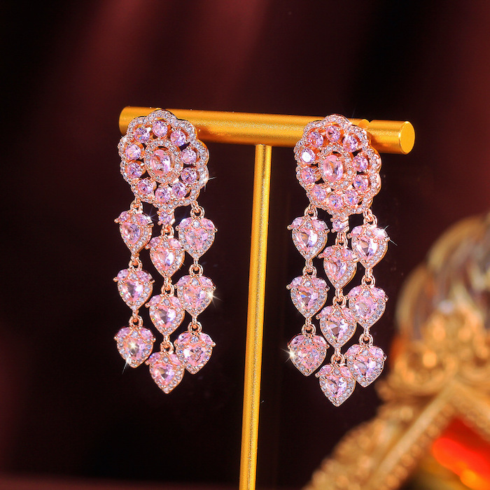 Brass Jewelry Pink Teardrop CZ Flower Stud Earrings - Image 3