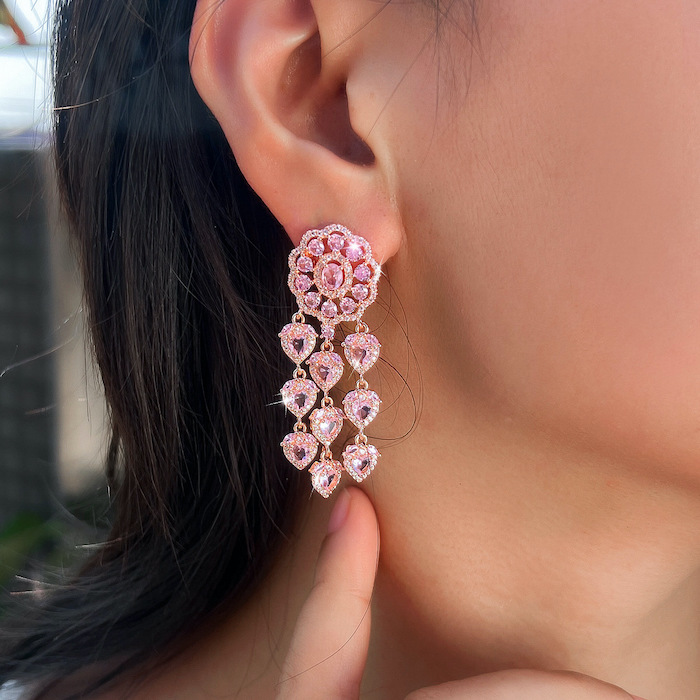 Brass Jewelry Pink Teardrop CZ Flower Stud Earrings - Image 4