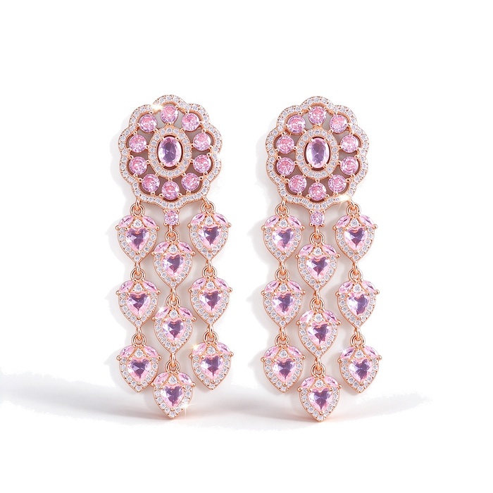 Brass Jewelry Pink Teardrop CZ Flower Stud Earrings