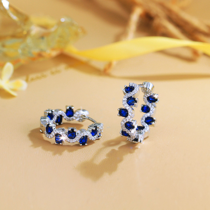 Factory-direct Brass Jewelry Blue CZ Wave Hoop Earrings - Image 3