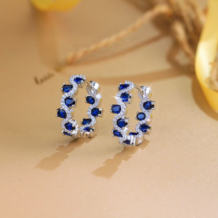 Factory-direct Brass Jewelry Blue CZ Wave Hoop Earrings - Image 2