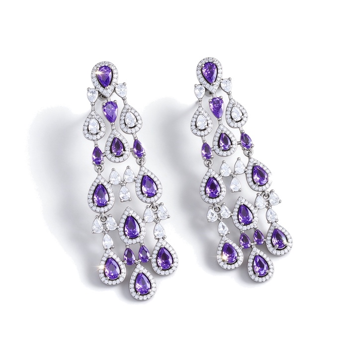 Factory Brass Jewelry Purple Teardrop CZ Tassels Stud Earrings