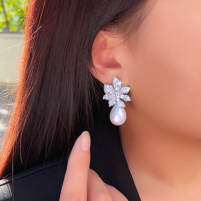 Factory Jewelry Brass Teardrop Pearl CZ Flower Stud Earrings - Image 3
