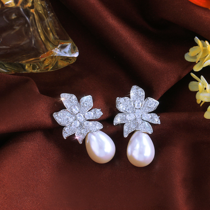 Factory Jewelry Brass Teardrop Pearl CZ Flower Stud Earrings - Image 2