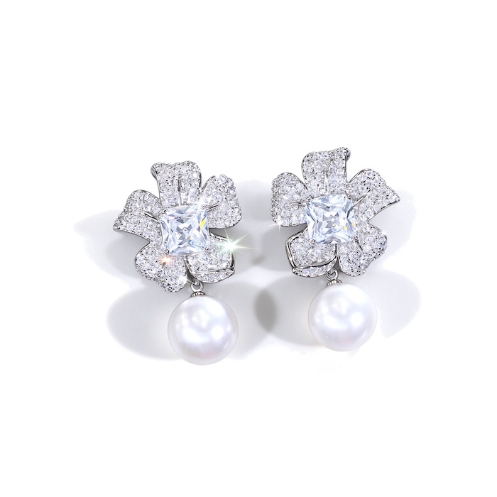 Factory Jewelry Brass Pearl Ball CZ Flower Stud Earrings