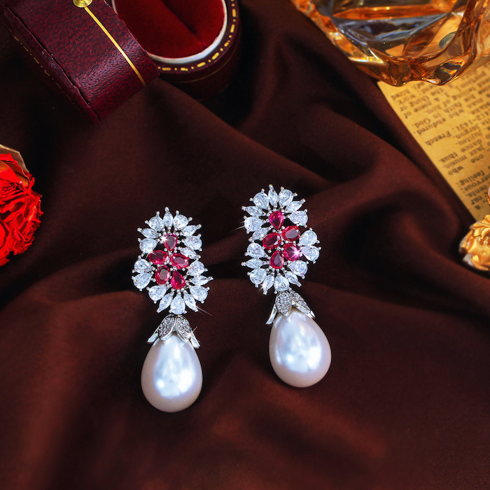 Factory Jewelry Brass Teardrop Pearl CZ Flower Stud Earrings - Image 2