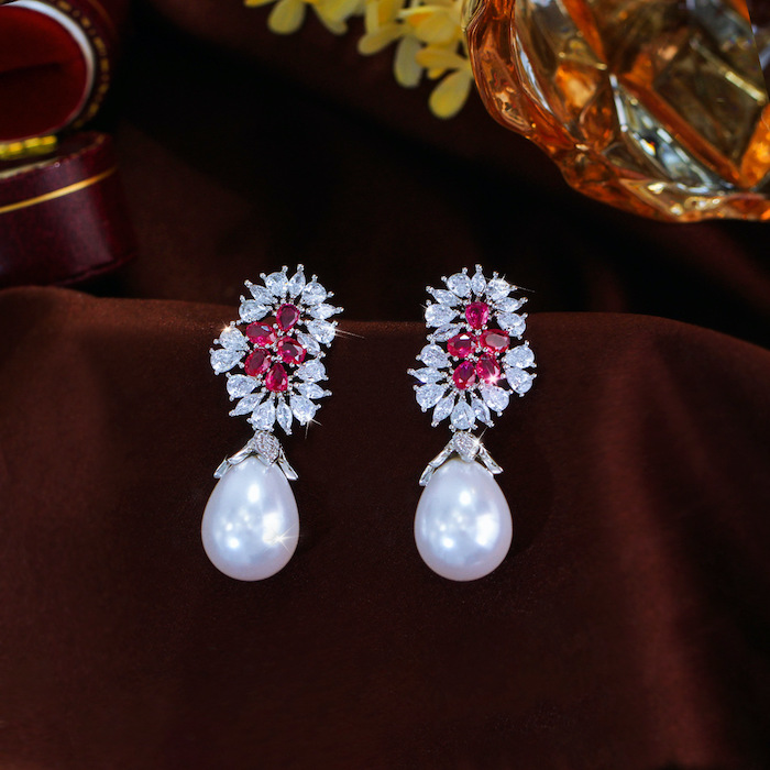 Factory Jewelry Brass Teardrop Pearl CZ Flower Stud Earrings - Image 3
