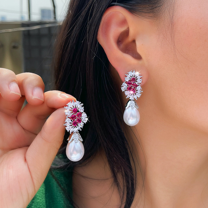 Factory Jewelry Brass Teardrop Pearl CZ Flower Stud Earrings - Image 4