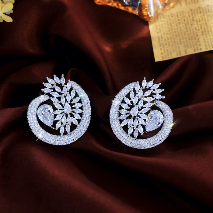 Factory Jewelry Brass Teardrop CZ Leaf Circle Stud Earrings - Image 2