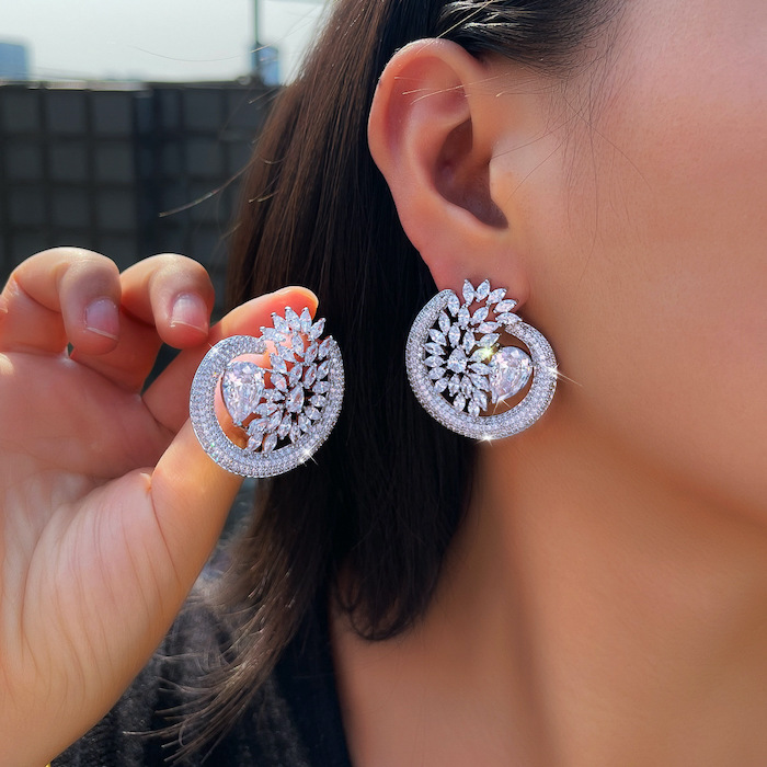 Factory Jewelry Brass Teardrop CZ Leaf Circle Stud Earrings - Image 3