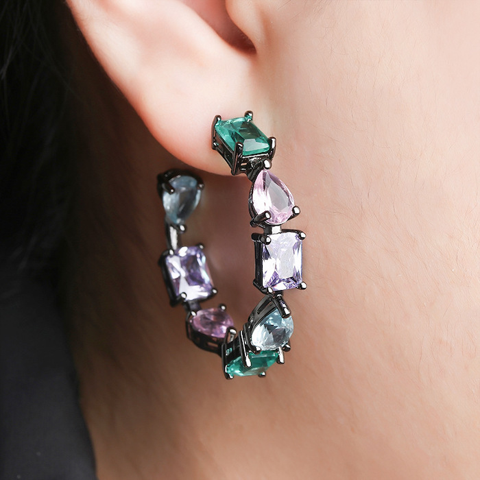 Factory Jewelry Brass Colored Stones Hoop Earrings - Image 4