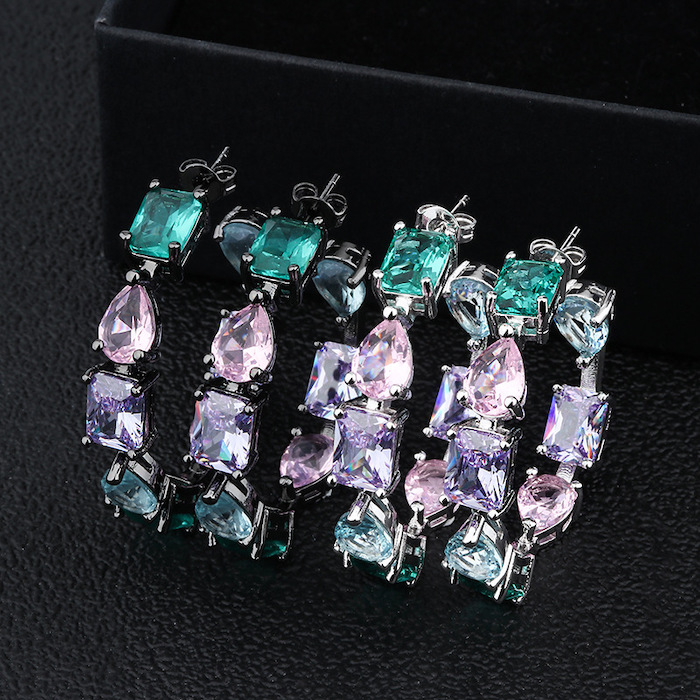 Factory Jewelry Brass Colored Stones Hoop Earrings - Image 3