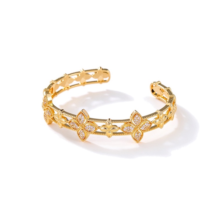 Wholesales Brass Diamonds Clover Flowers Cuff Bracelet