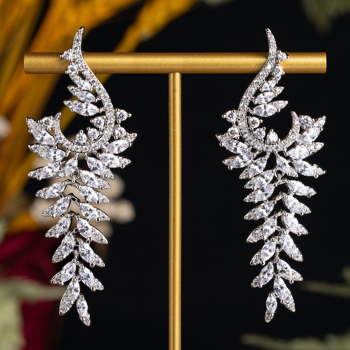 79x26mm Brass Jewelry CZ Leaf Stud Earrings - Image 3