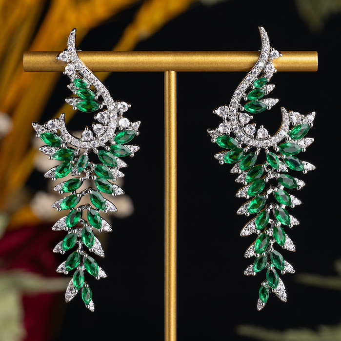 79x26mm Brass Jewelry CZ Leaf Stud Earrings - Image 2