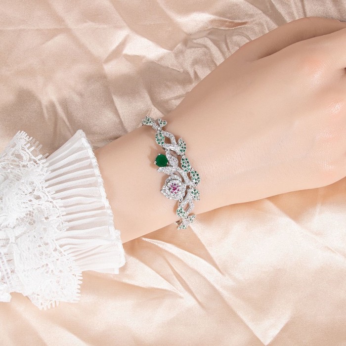 Women's Jewelry Brass CZ Leaf Rose Flower Bracelet - Image 4