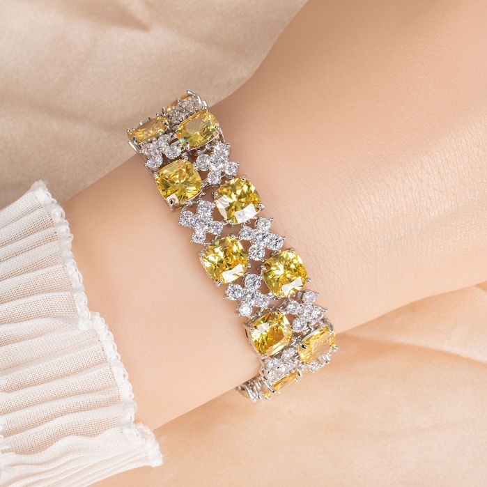 Women's Brass Square Stones CZ Flowers Bracelet - Image 4