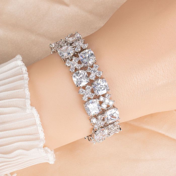 Women's Brass Square Stones CZ Flowers Bracelet - Image 3
