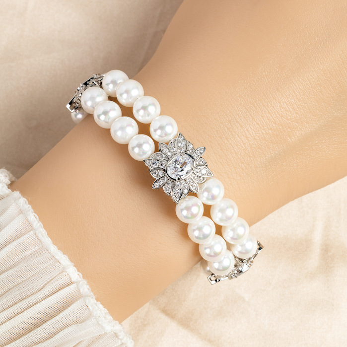 Women's Jewelry Brass Pearls Oval CZ Leaf Charm Bracelet - Image 2