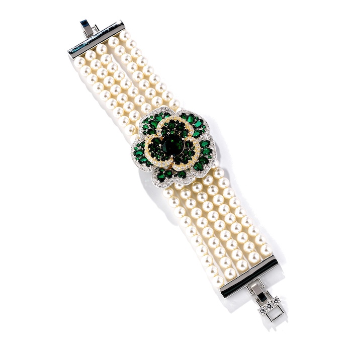 Women's Jewelry 79g Layered Pearls CZ Flower Charm Bracelet