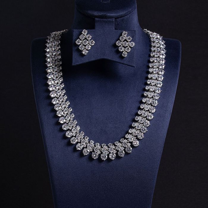 Bridal Brass White Zircons Choker Necklace Earrings Set - Image 3