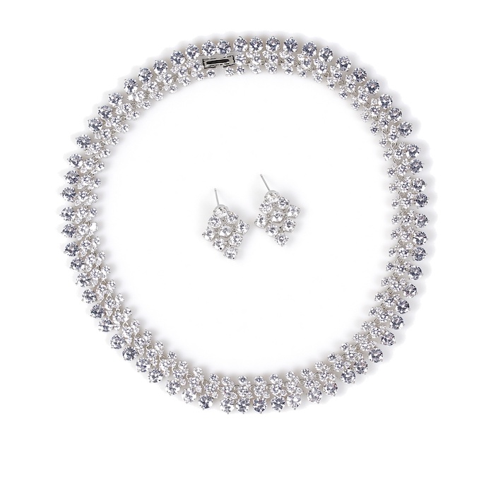 Bridal Brass White Zircons Choker Necklace Earrings Set
