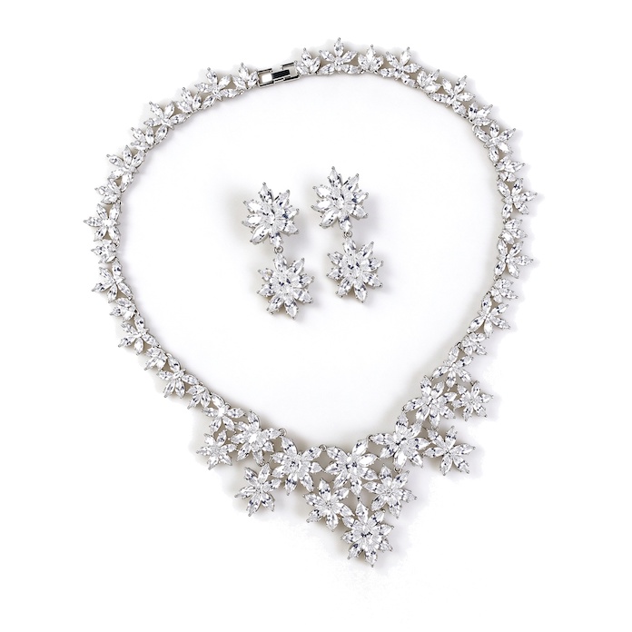 Wedding Brass 84g CZ Flowers Choker Necklace Earring Set