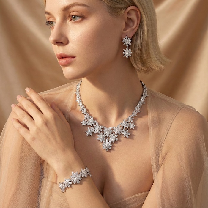 Wedding Brass 84g CZ Flowers Choker Necklace Earring Set - Image 4