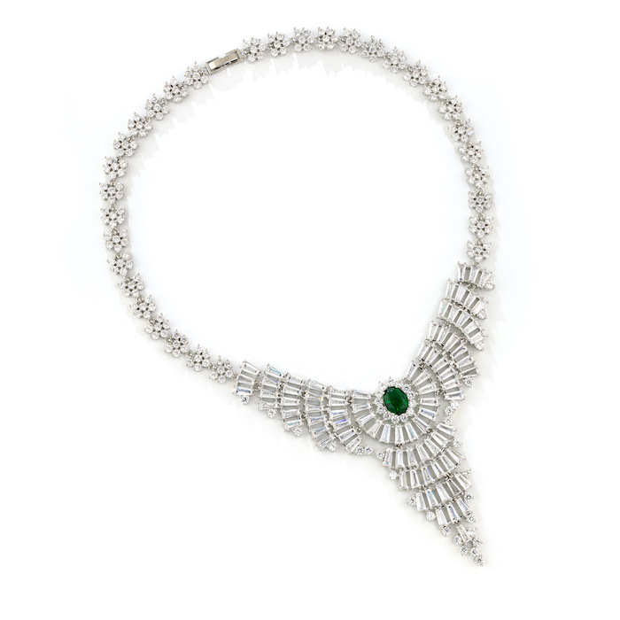 Bridal Brass Layered CZ Leaf Choker Necklace Earrings Set - Image 2