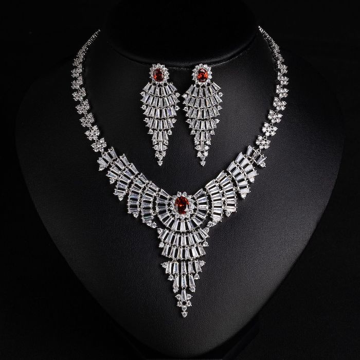 Bridal Brass Layered CZ Leaf Choker Necklace Earrings Set - Image 3