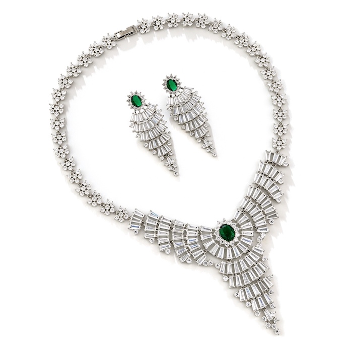Bridal Brass Layered CZ Leaf Choker Necklace Earrings Set