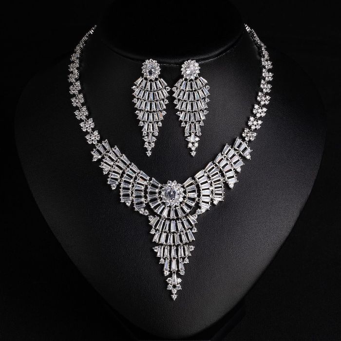 Bridal Brass Layered CZ Leaf Choker Necklace Earrings Set - Image 4