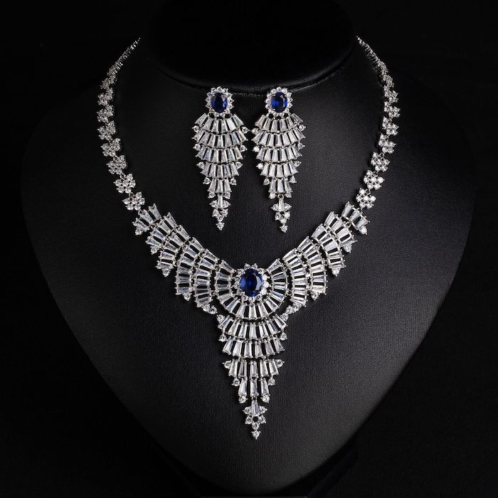 Bridal Brass Layered CZ Leaf Choker Necklace Earrings Set - Image 5