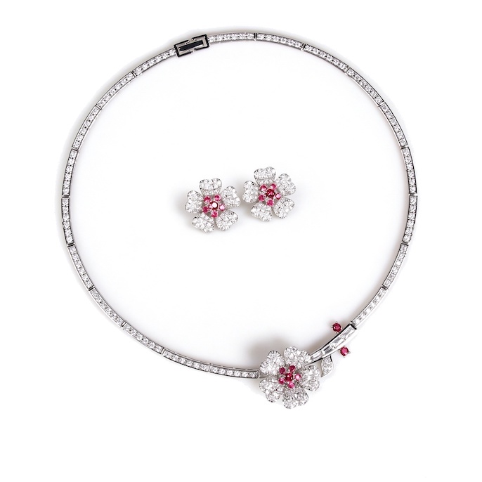 Bridal Brass CZ Flowers Choker Necklace Earrings Set