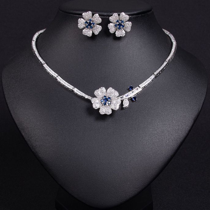 Bridal Brass CZ Flowers Choker Necklace Earrings Set - Image 6